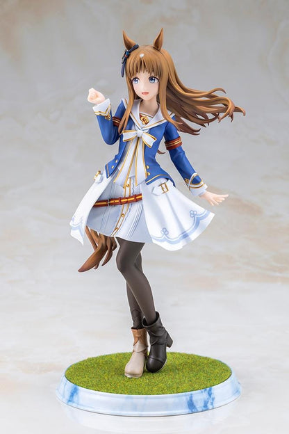 UmaMusume Pretty Derby Grass Wonder 1/7 Scale Figure with brown hair, horse ears, blue-and-white outfit, and grass display base