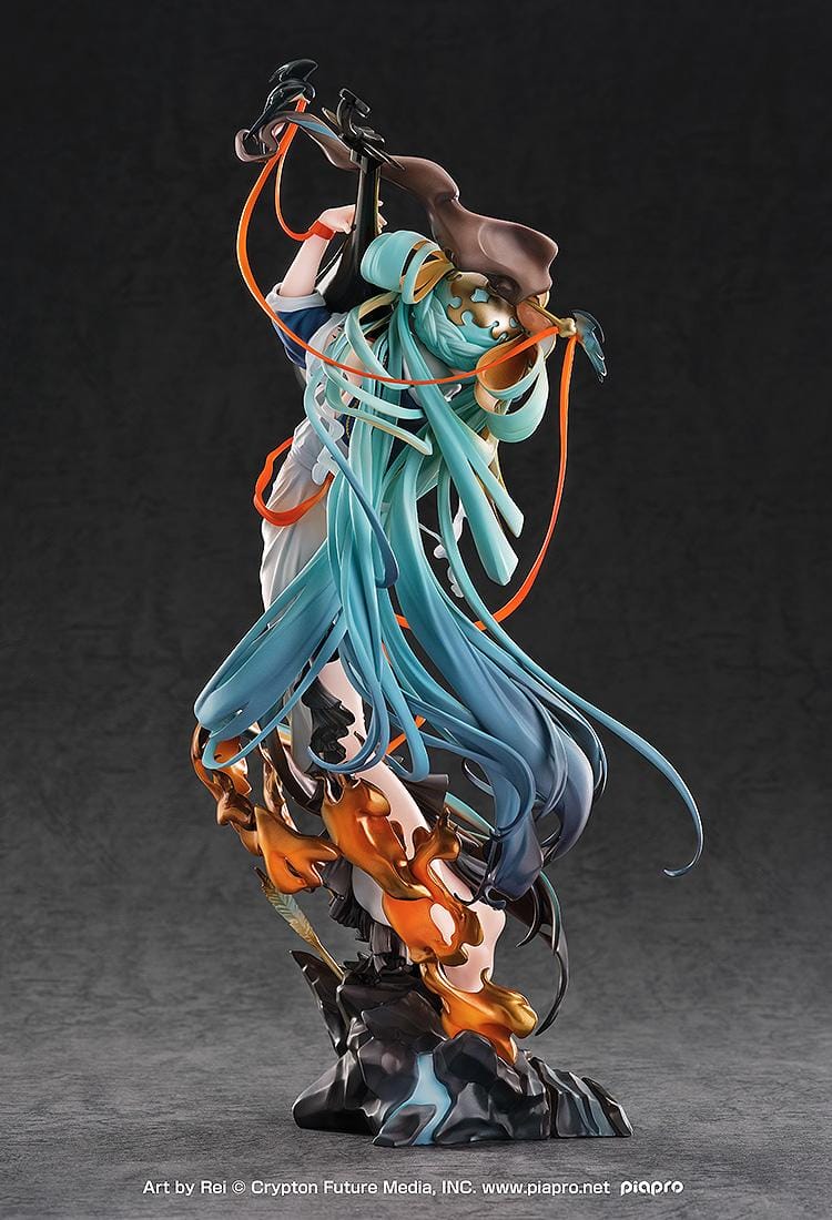 Hatsune Miku Shimian Maifu Ver. 1/7 scale figure featuring flowing turquoise hair, stringed instrument, orange ribbons, flame effects, and detailed fantasy outfit