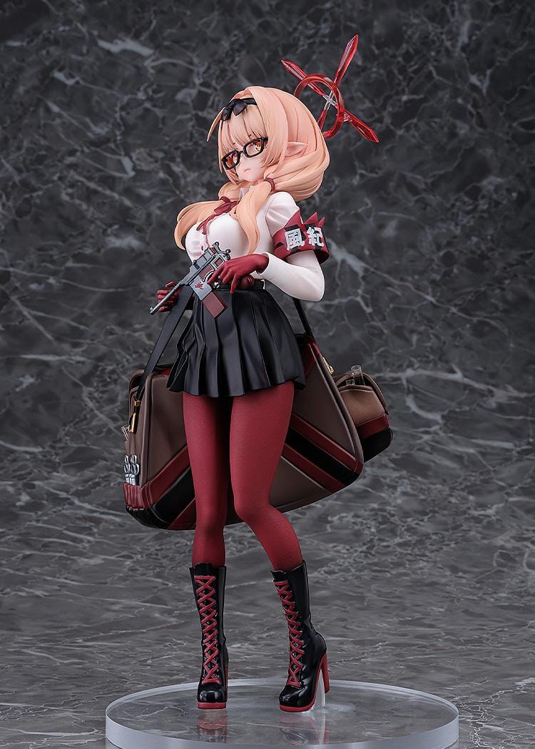 Blue Archive Chinatsu 1/7 Scale Figure featuring Chinatsu with pink hair, glasses, red gloves, halo detail, weapon accessory, and a large bag.