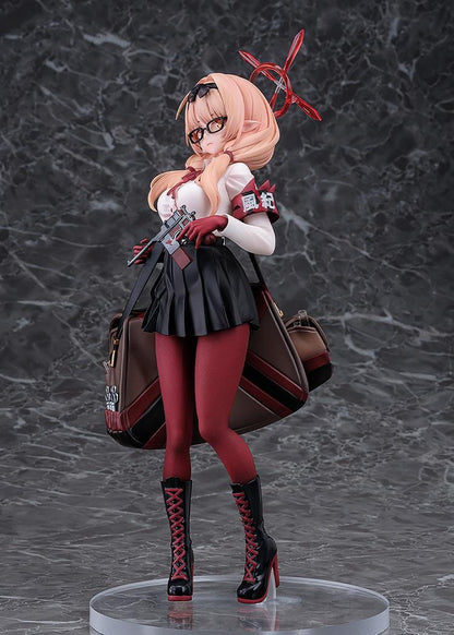 Blue Archive Chinatsu 1/7 Scale Figure featuring Chinatsu with pink hair, glasses, red gloves, halo detail, weapon accessory, and a large bag.