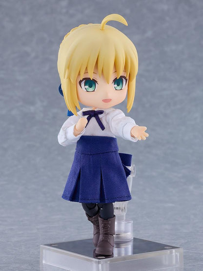 Fate stay night Nendoroid Doll Saber Casual Outfit Ver. with blonde hair, blue skirt, white blouse, black tights, and brown boots