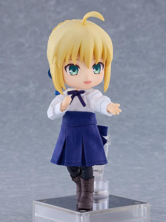 Fate stay night Nendoroid Doll Saber Casual Outfit Ver. with blonde hair, blue skirt, white blouse, black tights, and brown boots