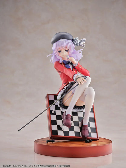 Classroom of the Elite Arisu Sakayanagi 1/7 Scale Figure featuring Arisu seated on a chessboard-style display with beret, red blazer, cane accessory, and round base.