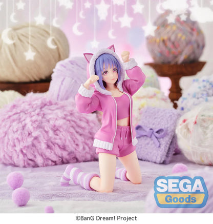 BanG Dream! Nyamu Yutenji Pajama Party figure kneeling in pink pajamas with a cat-ear hood, purple hair, striped socks, and both hands raised.