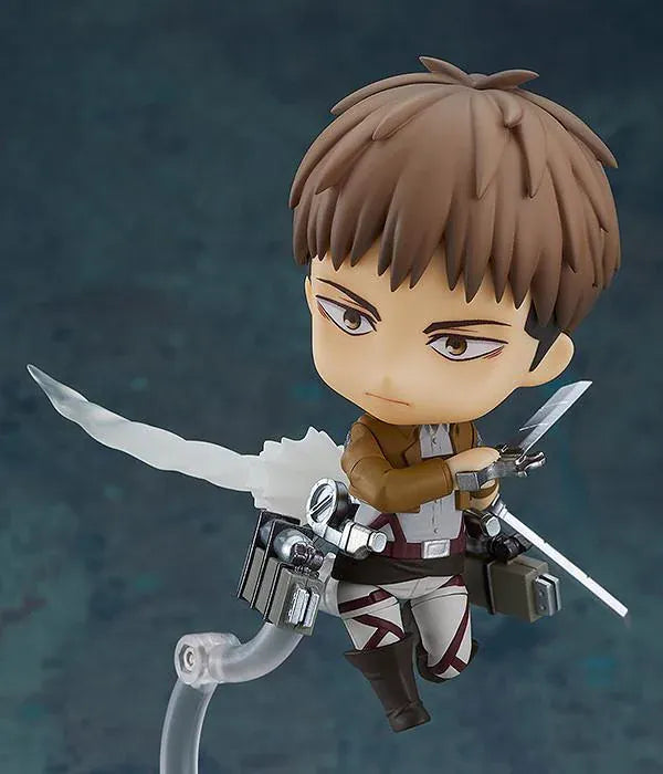 Attack on Titan Nendoroid Jean Kirstein rerelease figure wearing his Survey Corps uniform and green cloak with dual blades and maneuvering gear.