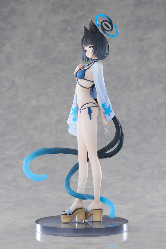 Blue Archive Kikyou Swimsuit 1/7 scale figure with a floral cover-up, pointed ears, blue halo, and twin tails on a circular base.