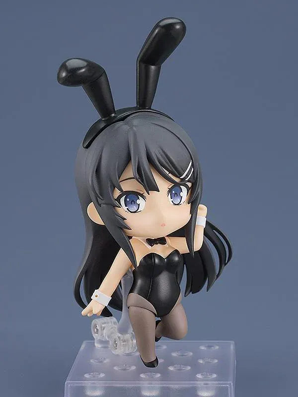 Rascal Does Not Dream of Bunny Girl Senpai Nendoroid Mai Sakurajima Bunny Girl Ver. (Rerelease) featuring a black-haired anime girl with blue eyes wearing a black bunny suit, bunny ears, sheer tights, white wrist cuffs, and a black bow tie.
