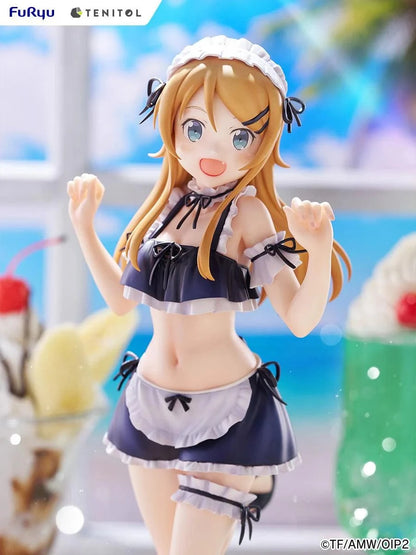 Oreimo Tenitol Tall Kirino Kousaka Swimsuit Maid Ver. Figure featuring Kirino in a navy and white maid swimsuit posing energetically by a beachside dessert setup