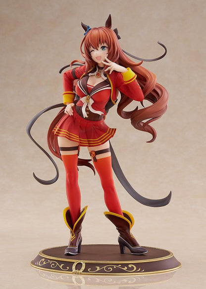 1/7 scale Uma Musume: Pretty Derby Maruzensky Signature Racewear Ver. figure, winking and posing in a red race uniform with long flowing brown hair and decorative horseshoe base.