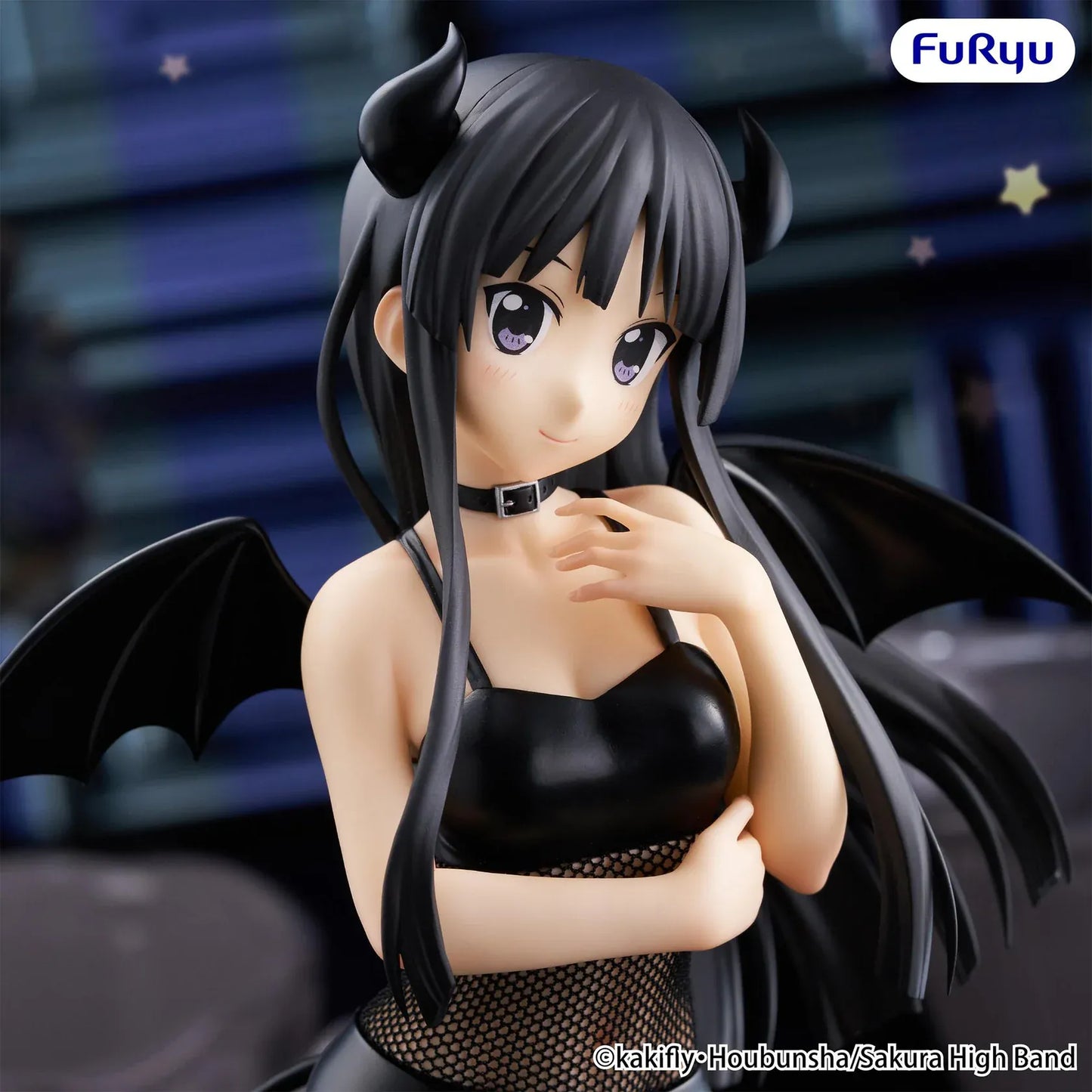K-On! BiCute Dark Mio Akiyama figure featuring long black hair, devil horns, bat wings, black outfit, and heart-tipped tail