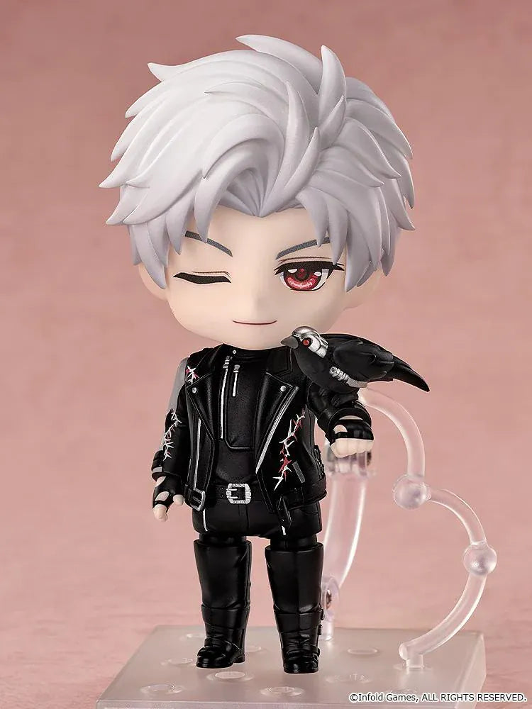 Love and Deepspace Nendoroid Sylus Figure with silver hair, red eyes, and black outfit