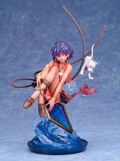 Nadia 1/7 scale figure in a red outfit with purple hair, a white lion companion, flowing ribbons, and swirling blue water effects.