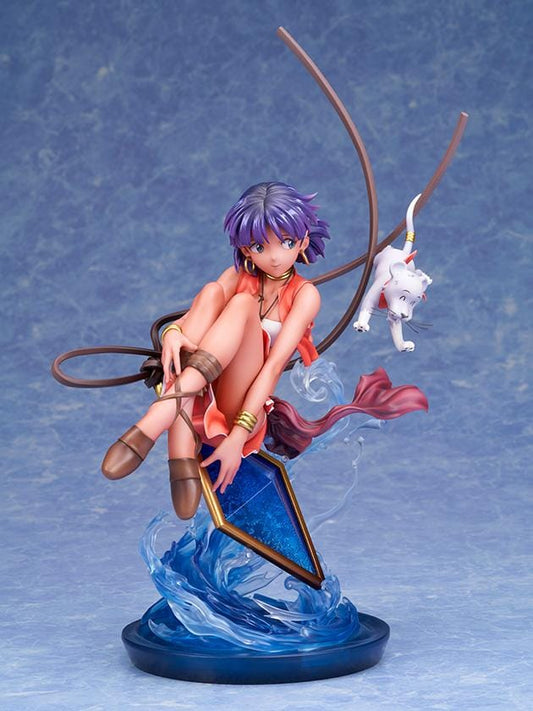 Nadia 1/7 scale figure in a red outfit with purple hair, a white lion companion, flowing ribbons, and swirling blue water effects.