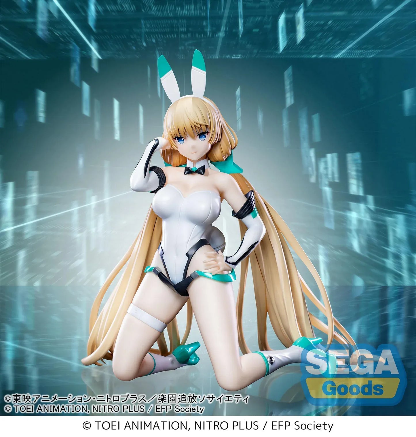Expelled from Paradise Angela Balzac Cyber Bunny Figure by SEGA Goods featuring Angela in a white futuristic bunny suit with teal accents.