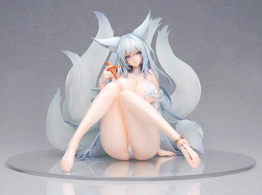 Azur Lane Shinano Dreamy White Sands Ver. 1/6 Scale Figure featuring Shinano seated with pale blue hair, fox ears, flowing tails, white outfit details, and beach-inspired styling.