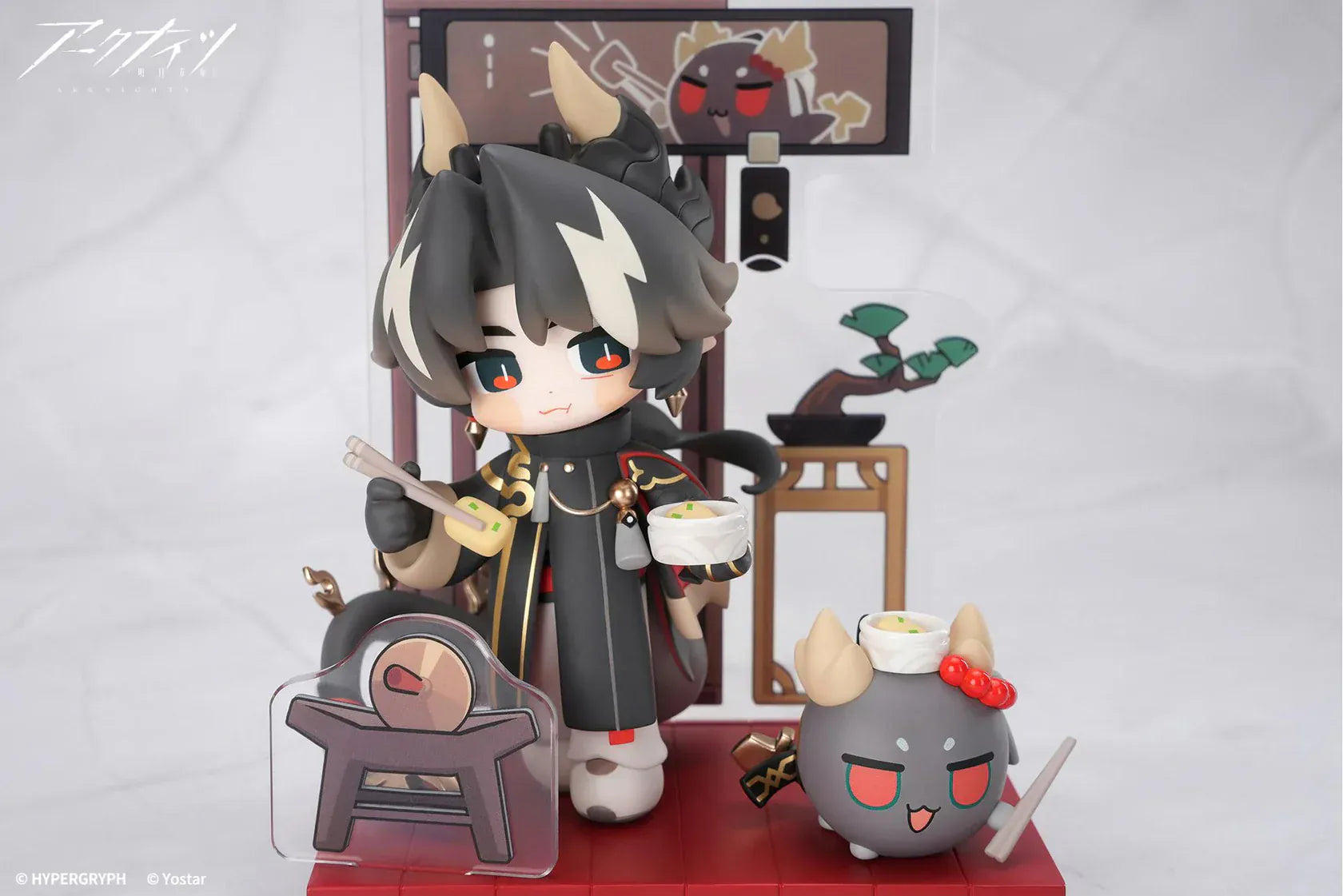 Arknights Cuties Series Chongyue chibi figure with themed dining accessories and decorative display base