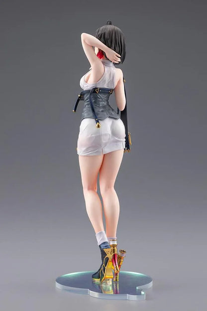 Atelier Yumia The Alchemist of Memories & the Envisioned Land Yumia Liessfeldt Sun Shower Ver. 1/7 Scale Figure featuring a short black-haired anime woman with blue eyes wearing a white outfit, black corset, and black ankle boots while holding a dark strap on a circular display base.