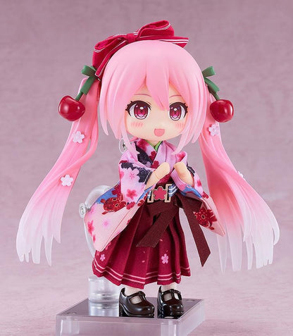 Hatsune Miku Nendoroid Doll Sakura Miku Hirohako 2025 Ver. Hirosaki featuring Sakura Miku with pink twin tails, cherry accessories, and a red and pink kimono-style outfit.
