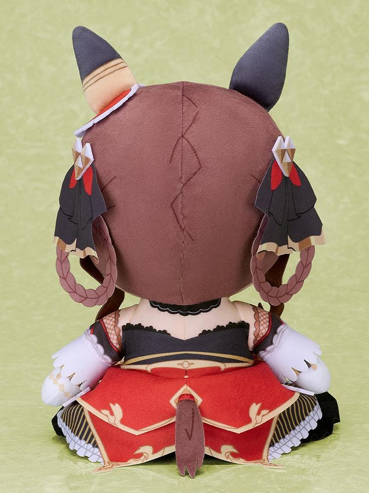Umamusume Pretty Derby Kuripan Gentildonna plushie with reddish-brown hair, red eyes, horse ears, and an ornate black-and-white outfit.