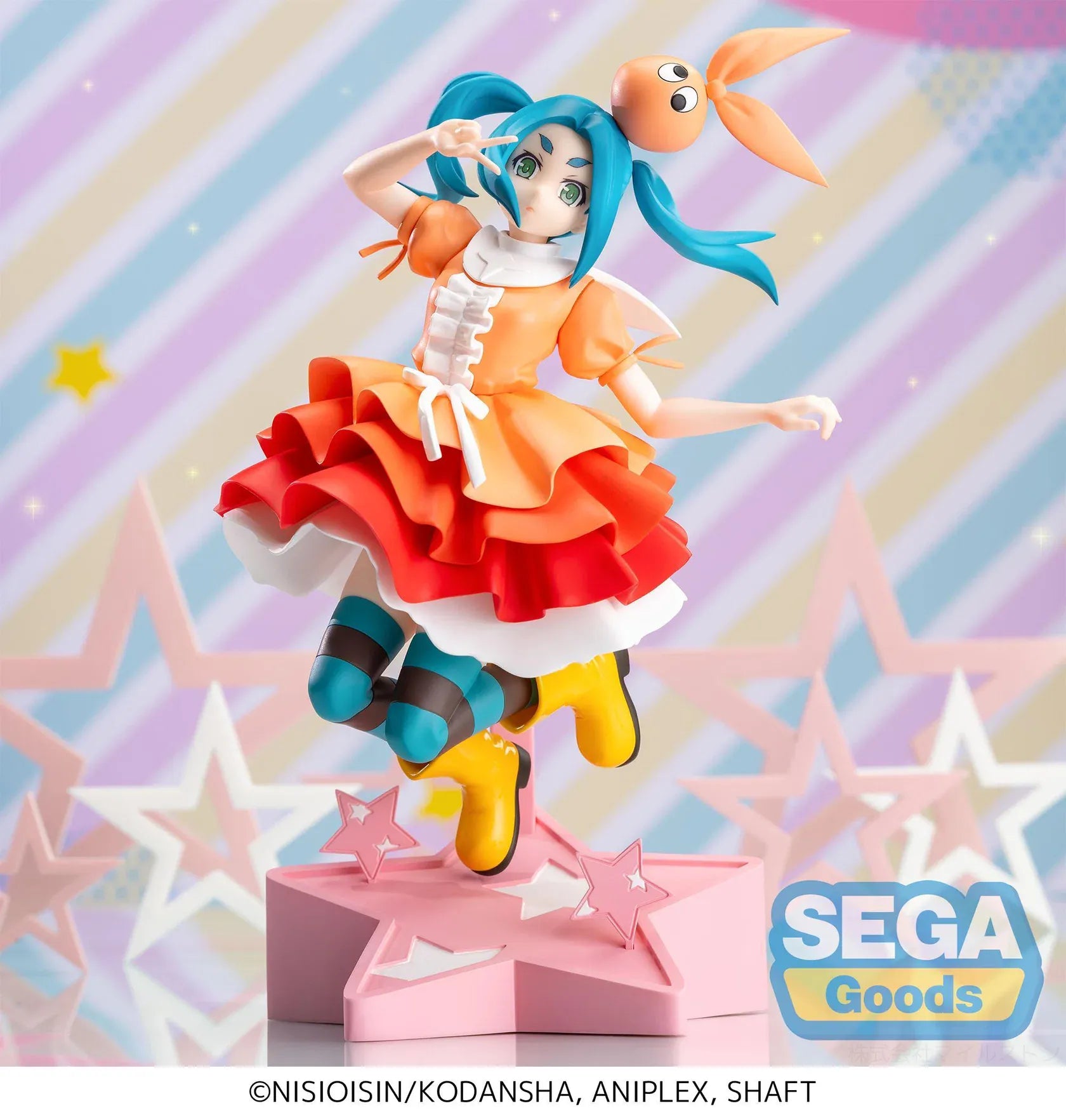 Monogatari XStellar Yotsugi Ononoki Figure with blue-green hair, orange and red outfit, and pink star display base
