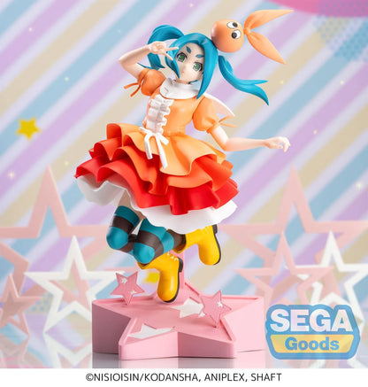 Monogatari XStellar Yotsugi Ononoki Figure with blue-green hair, orange and red outfit, and pink star display base