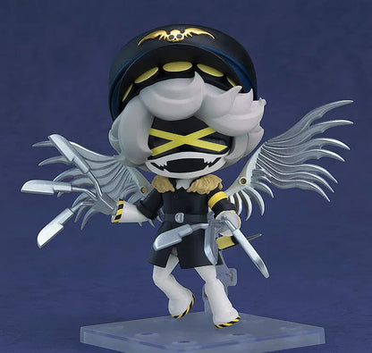 Murder Drones Nendoroid N Figure with pilot hat, white hair, yellow eyes, black outfit, waving pose, and mechanical tail accessory