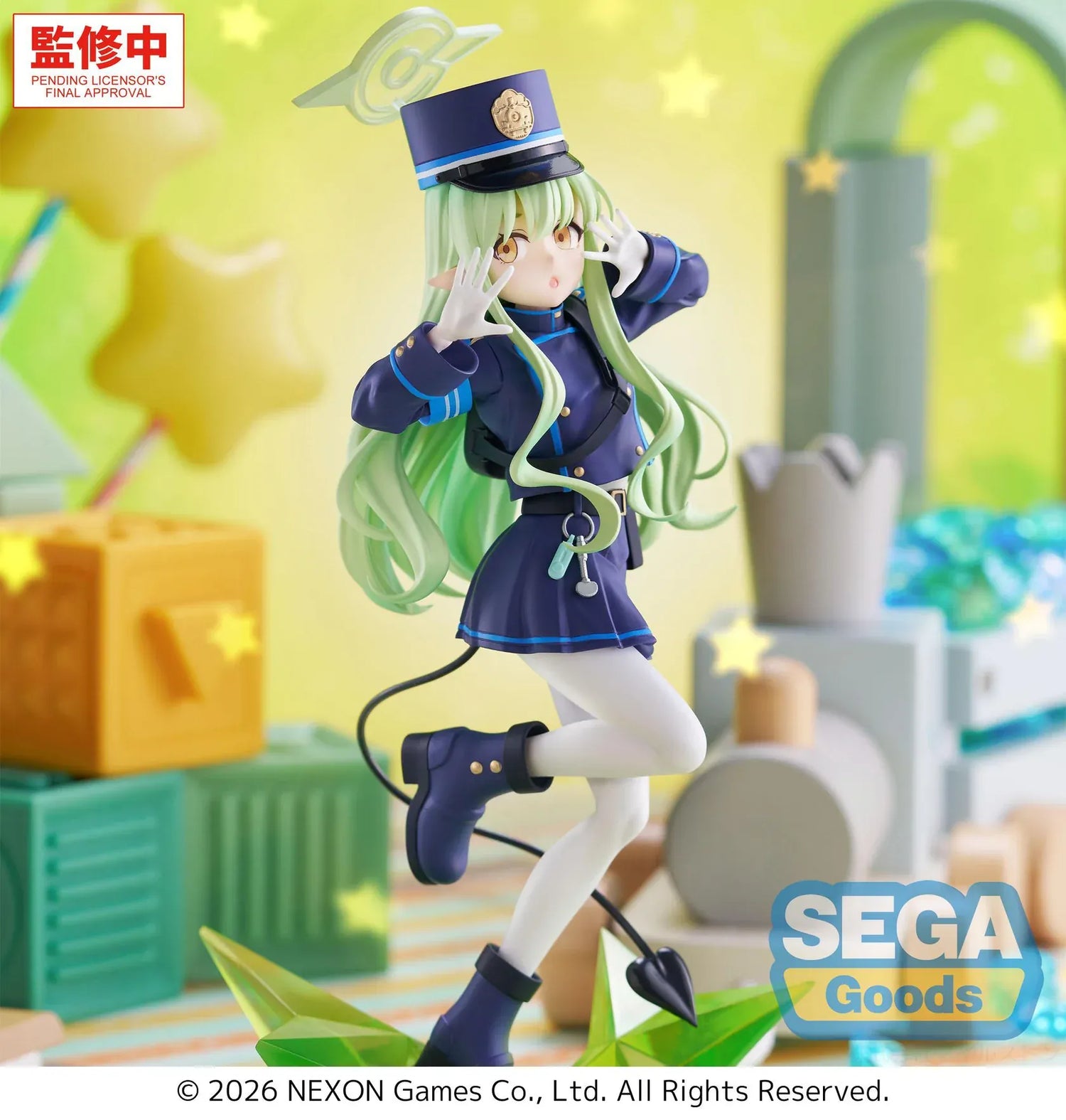 Blue Archive XStellar Hikari Figure with green hair, uniform-inspired outfit, matching hat, and green crystal-style display base
