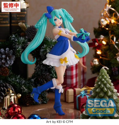 Vocaloid High Premium Figure Hatsune Miku Sapphire Christmas Ver Figure in blue Christmas outfit holding a gift box