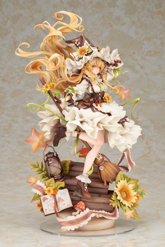 Touhou Project Marisa Kirisame 1/8 scale figure with flowing blonde hair, frilled witch dress, sunflowers, lantern, and detailed fantasy base.