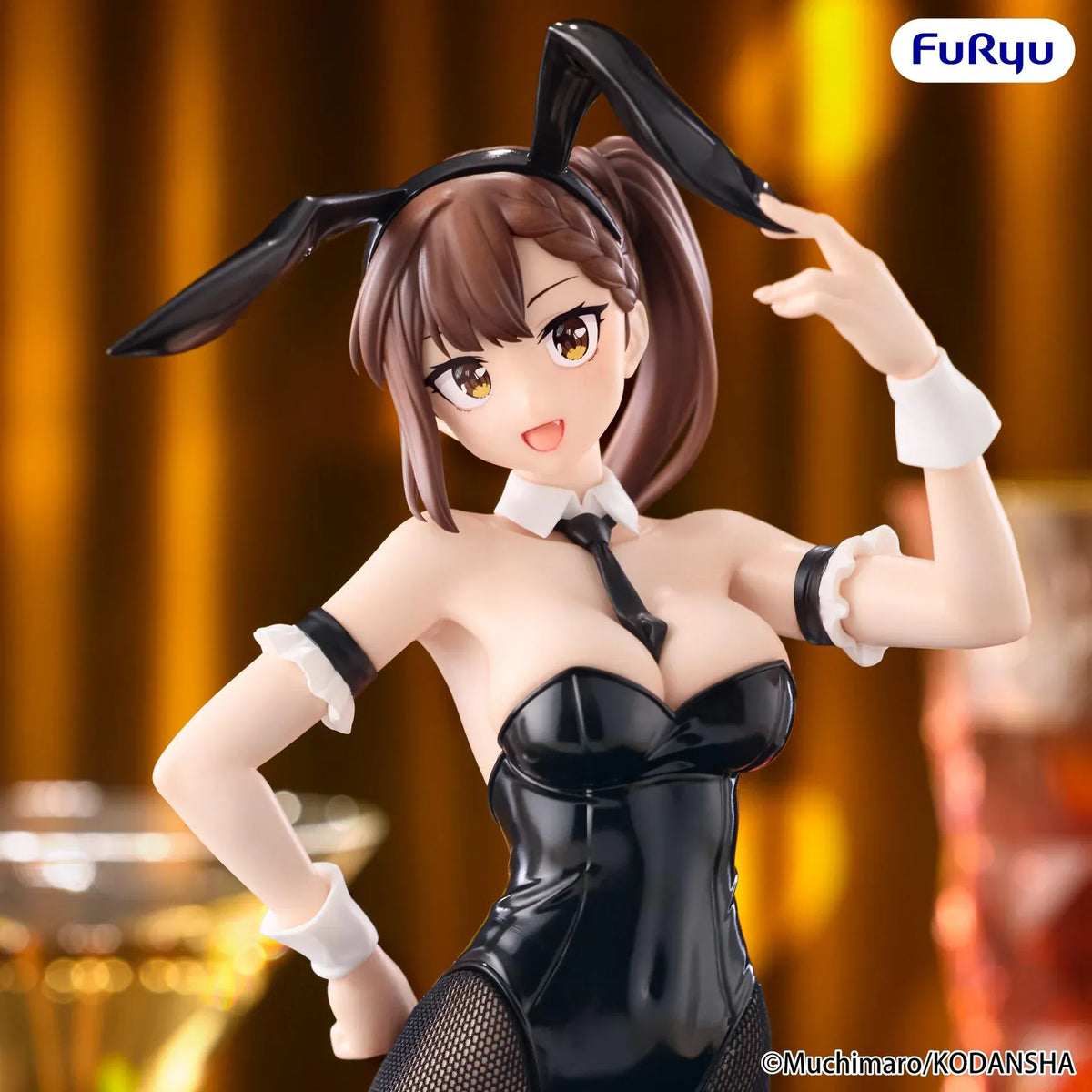 Hisako Kotobuki BiCute Bunnies figure wearing a glossy black bunny suit, long bunny ears, fishnet tights, and black heels.