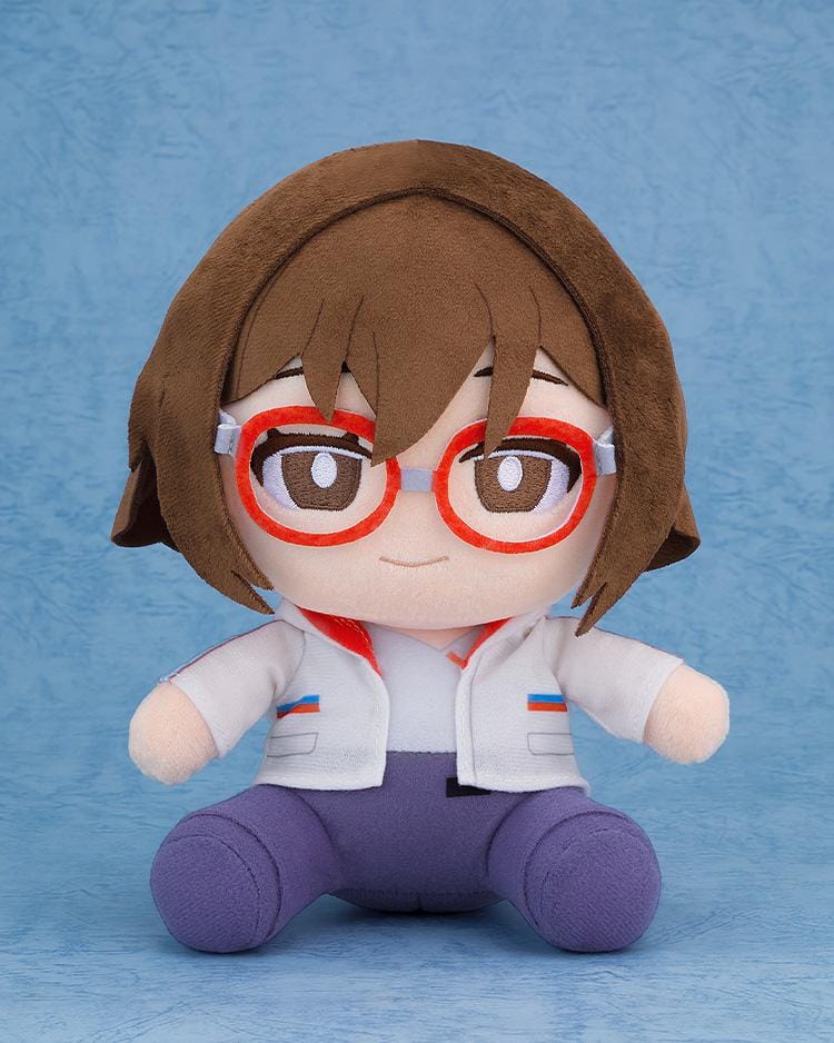 Chill with You Lo-Fi Story Satone plushie wearing red glasses, oversized headphones, a white jacket, and purple pants.