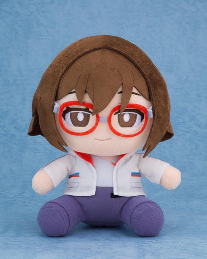 Chill with You Lo-Fi Story Satone plushie wearing red glasses, oversized headphones, a white jacket, and purple pants.