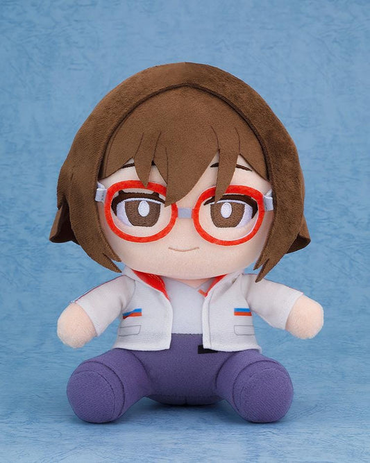 Chill with You Lo-Fi Story Satone plushie wearing red glasses, oversized headphones, a white jacket, and purple pants.