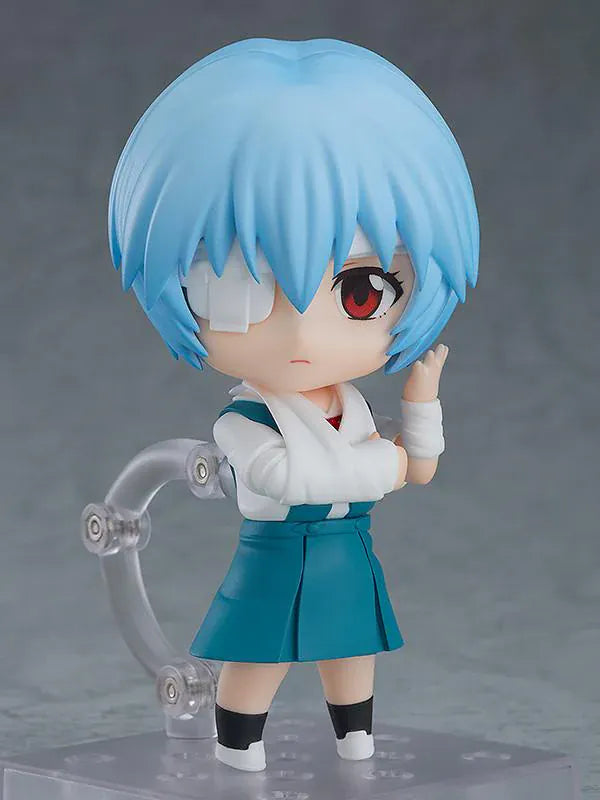 Rebuild of Evangelion Nendoroid Rei Ayanami Figure Rerelease featuring Rei with light blue hair, red eyes, school uniform, and school bag accessory.