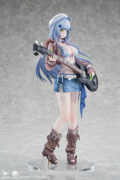 Girls' Frontline Klukai 10th Anniversary 1/6 scale figure with pale blue hair, a beret, brown jacket, blue skirt, and black bass guitar.