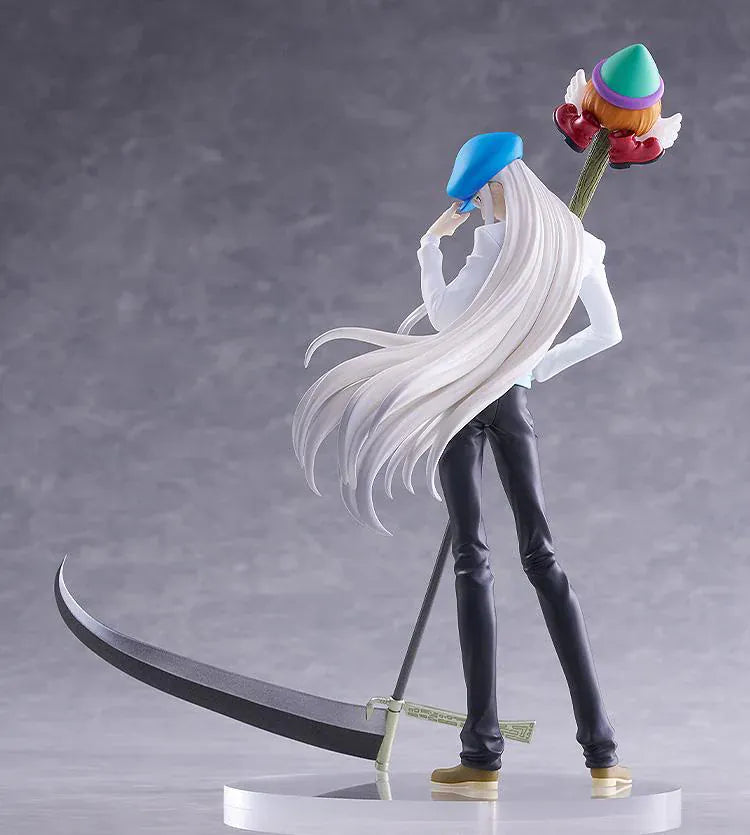 HUNTER x HUNTER POP UP PARADE Kcyytt Kite Figure featuring Kite with long silver hair, blue cap, white shirt, and large scythe weapon accessory.
