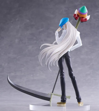 HUNTER x HUNTER POP UP PARADE Kcyytt Kite Figure featuring Kite with long silver hair, blue cap, white shirt, and large scythe weapon accessory.