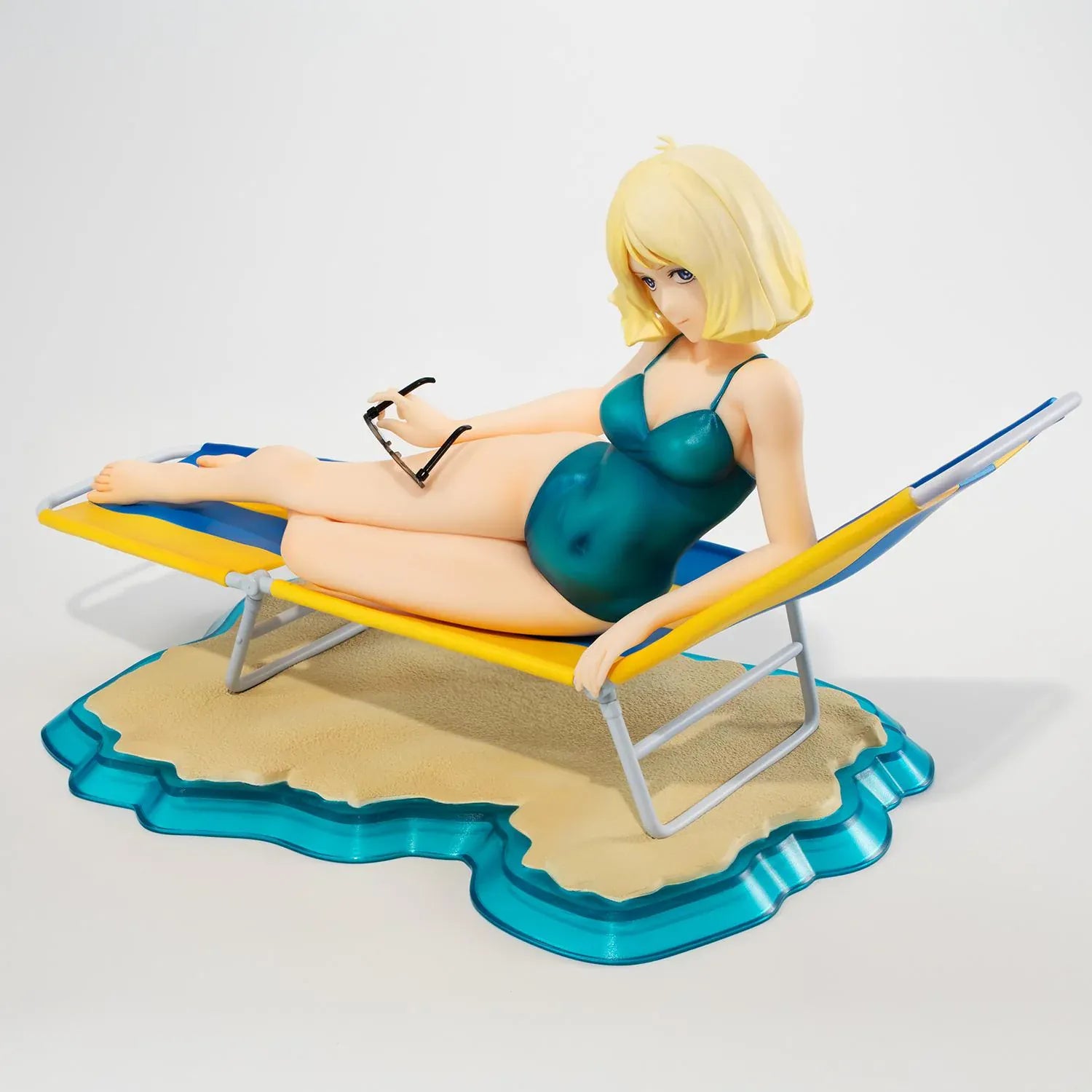 Mobile Suit Gundam Gundam Girls Generation Sayla Mass Break Time Reissue featuring Sayla lounging on a beach chair with teal swimsuit, sunglasses, and beach-themed display base.
