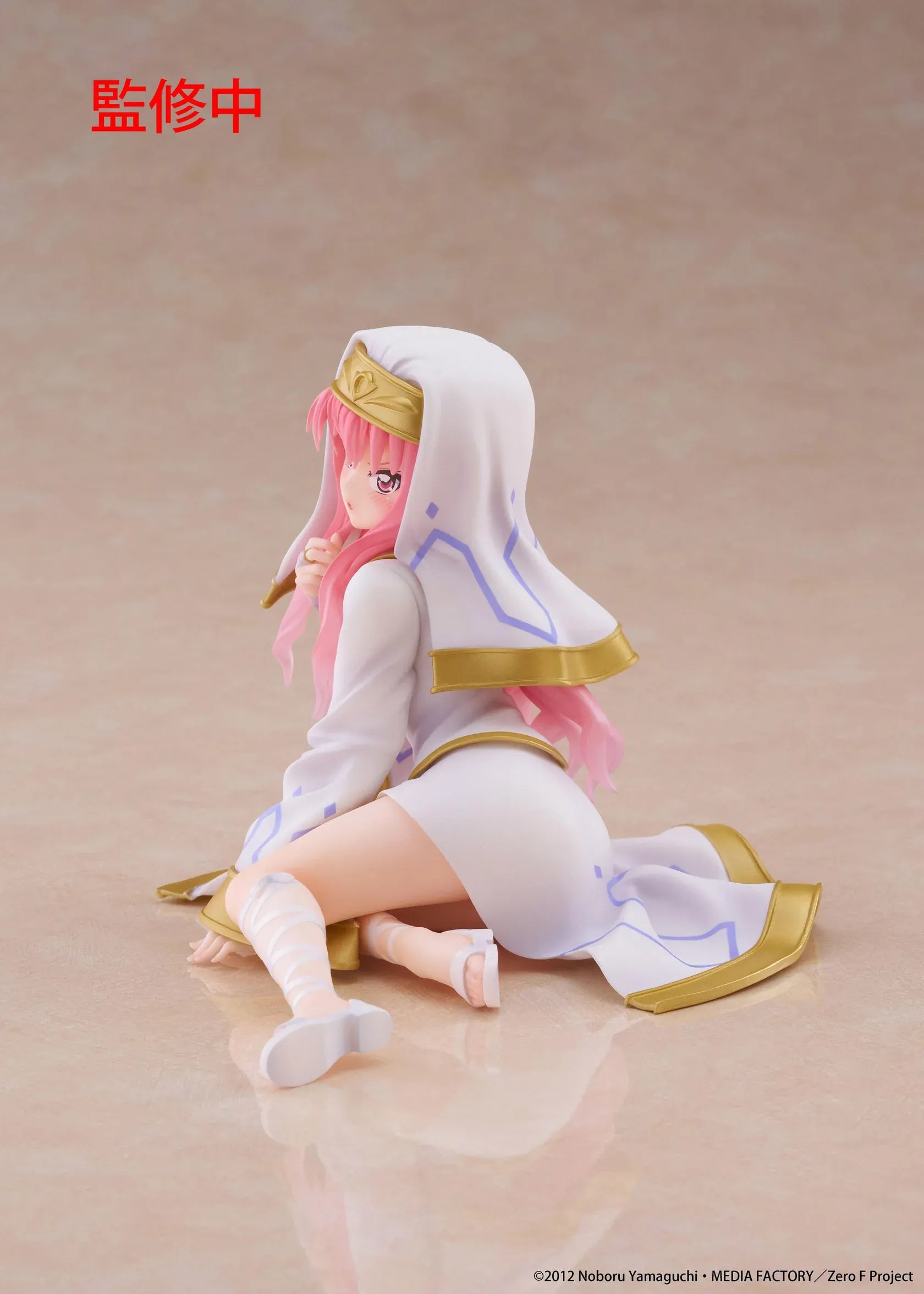 The Familiar of Zero Desktop Cute Louise Miko Outfit Ver. figure seated in a white-and-gold ceremonial outfit with long pink hair.
