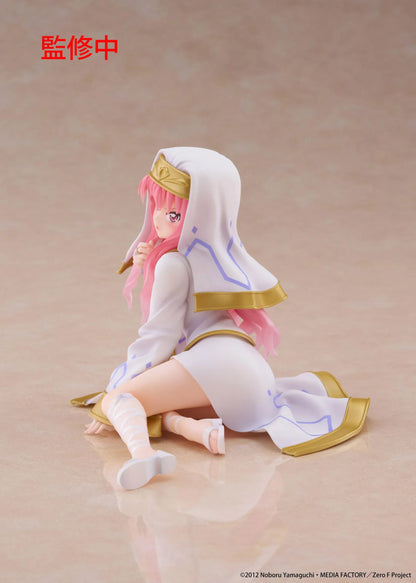 The Familiar of Zero Desktop Cute Louise Miko Outfit Ver. figure seated in a white-and-gold ceremonial outfit with long pink hair.
