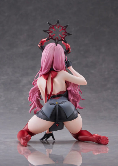 Blue Archive Satsuki Memorial Lobby 1/7 scale figure kneeling in a black-and-red outfit with flowing pink hair, horns, and a dark halo.