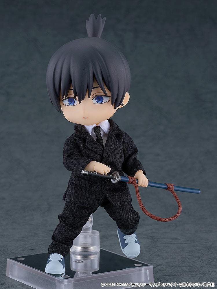 Chainsaw Man The Movie Reze Arc Nendoroid Doll Aki Hayakawa wearing a black suit and holding a sword with sheath