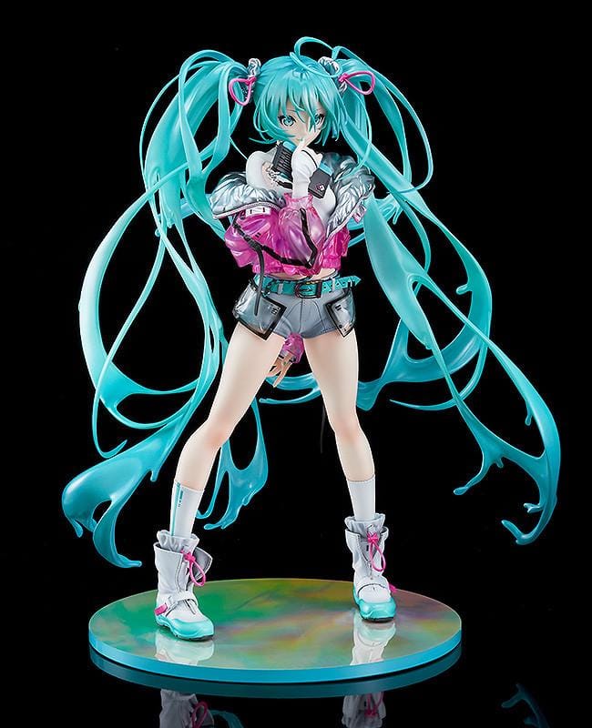 Hatsune Miku with SOLWA 1/7 Scale Figure Rerelease featuring Miku with teal twin tails, metallic pink jacket, silver outfit details, and a colorful display base.