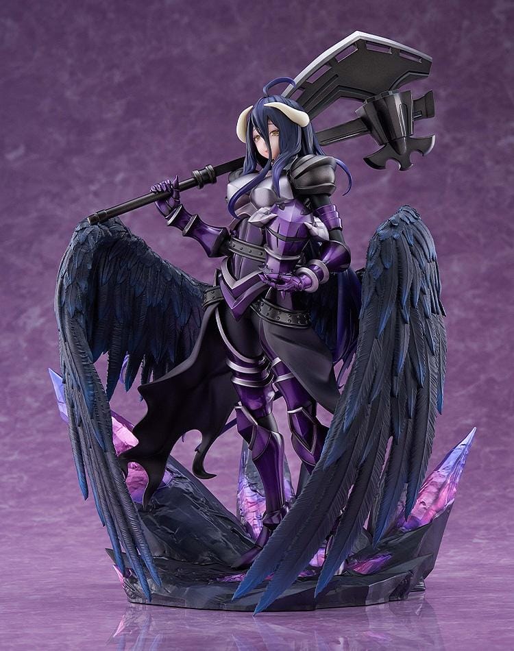 Albedo Hermes Trismegistus Ver. 1/7 scale figure in purple and silver armor, with dark feathered wings, a large black weapon, and a purple crystal base.