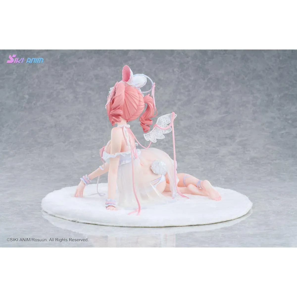 White Rabbit Rosu Angel Ver. Bonus Edition 1/4 Scale Figure illustrated by Rosuuri, featuring a pink-haired bunny girl with white rabbit ears, delicate angel wings, and a frilly white and pink outfit reclining on a fluffy display base.