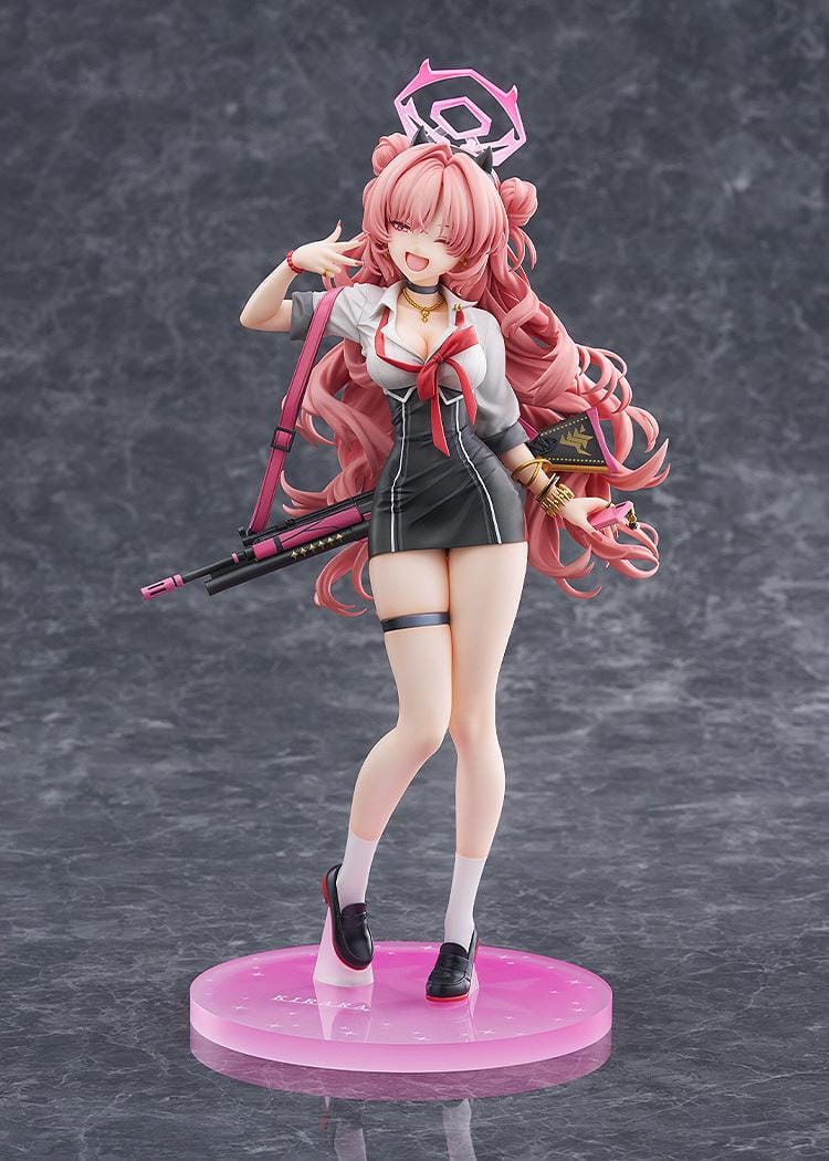 Blue Archive Kirara 1/7 scale figure with long pink hair, school uniform, pink and black weapon, halo, and translucent pink display base