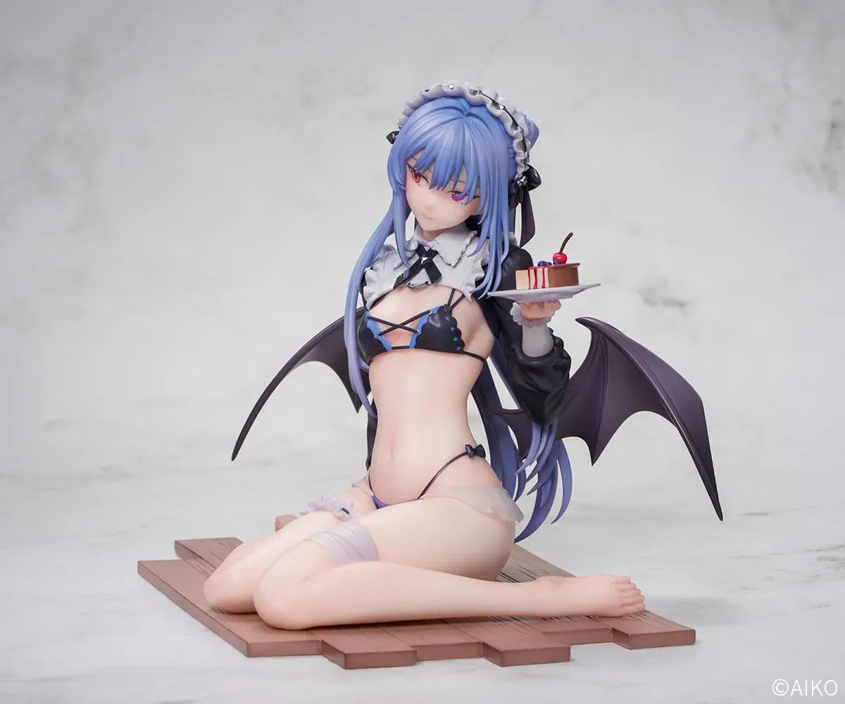 NIYA Maid Ver. figure illustrated by AIKO, with blue hair, a frilled headband, dark wings, and a dessert plate, seated on a wood-patterned base.