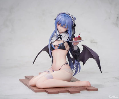 NIYA Maid Ver. figure illustrated by AIKO, with blue hair, a frilled headband, dark wings, and a dessert plate, seated on a wood-patterned base.