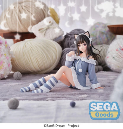 BanG Dream! Mana Sumita Pajama Party figure seated in a blue-gray outfit with white trim, cat-ear headband, striped socks, and one hand raised.