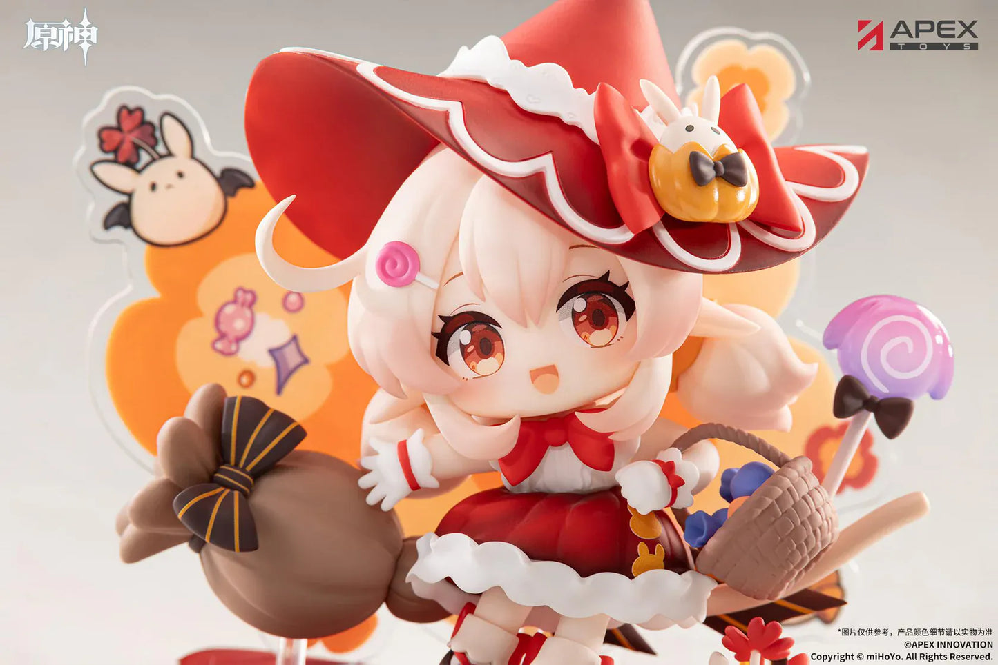 Genshin Impact You Ye Qi Xiang Series Chibi Chara Klee Figure in red witch outfit with broom, candy details, and themed display base